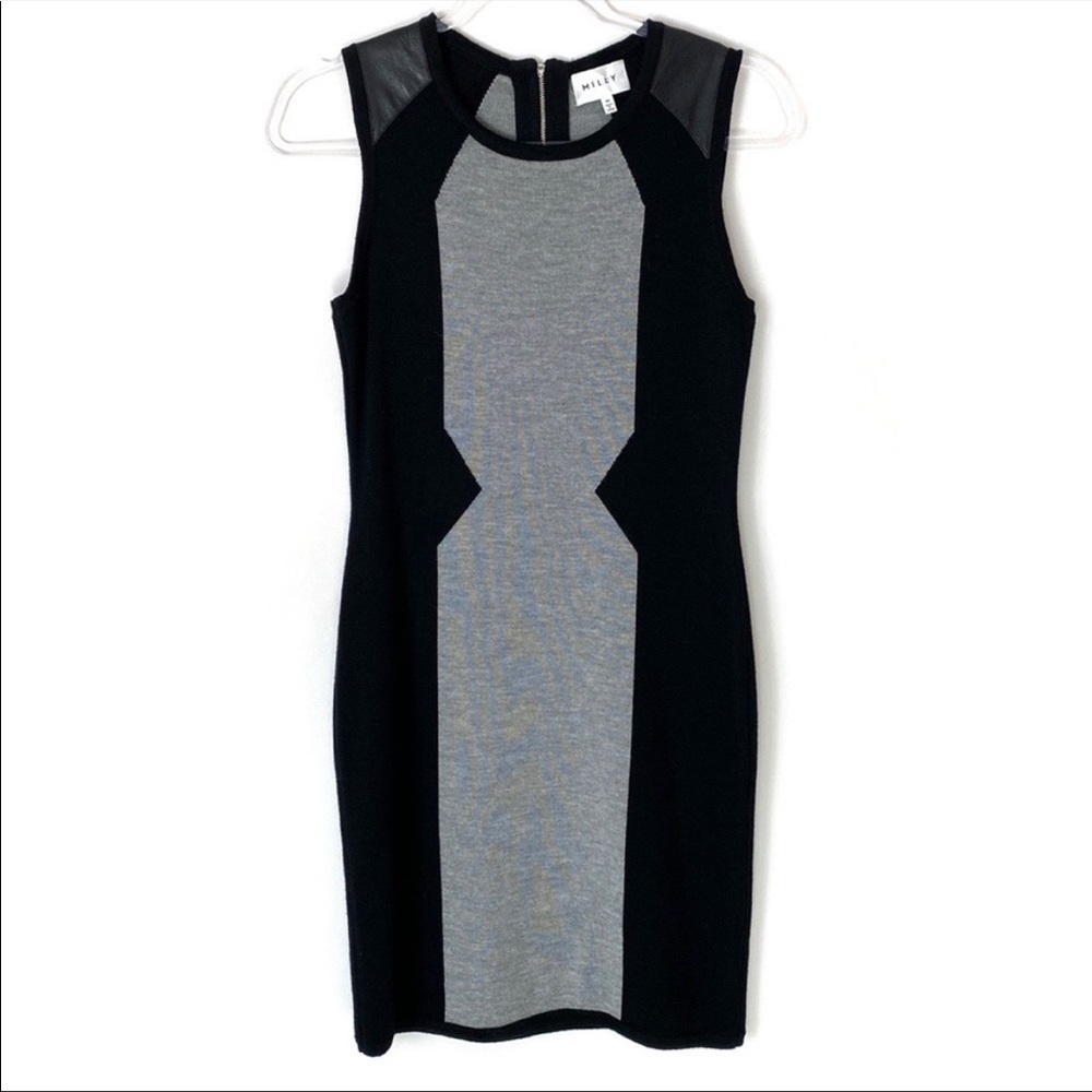 Milly Grey and Black Knit Dress with Leather Shoulder Detail | Size XS (P)